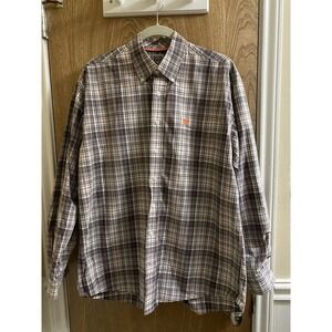 Cinch Plaid Button Down Long Sleeve Shirt Men's Size Medium Brown Orange Cotton